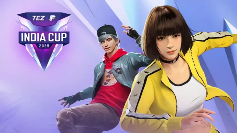 Free Fire Max India Cup 2025 का पोस्टर जिसमें दो एनिमेटेड कैरेक्टर्स और टूर्नामेंट का लोगो दिख रहा है