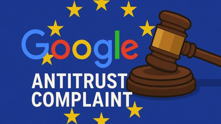 Google के खिलाफ यूरोपीय संघ में एंटीट्रस्ट शिकायत से जुड़ी ग्राफिक छवि