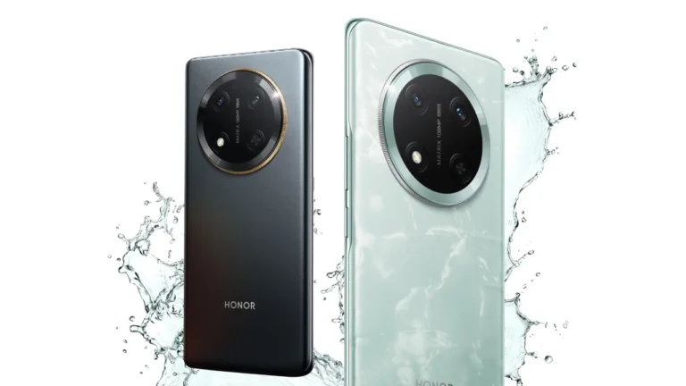 HONOR X9c 5G स्मार्टफोन – फ्रंट और बैक डिज़ाइन के साथ दो कलर वेरिएंट्स, वॉटर स्प्लैश इफेक्ट के साथ।