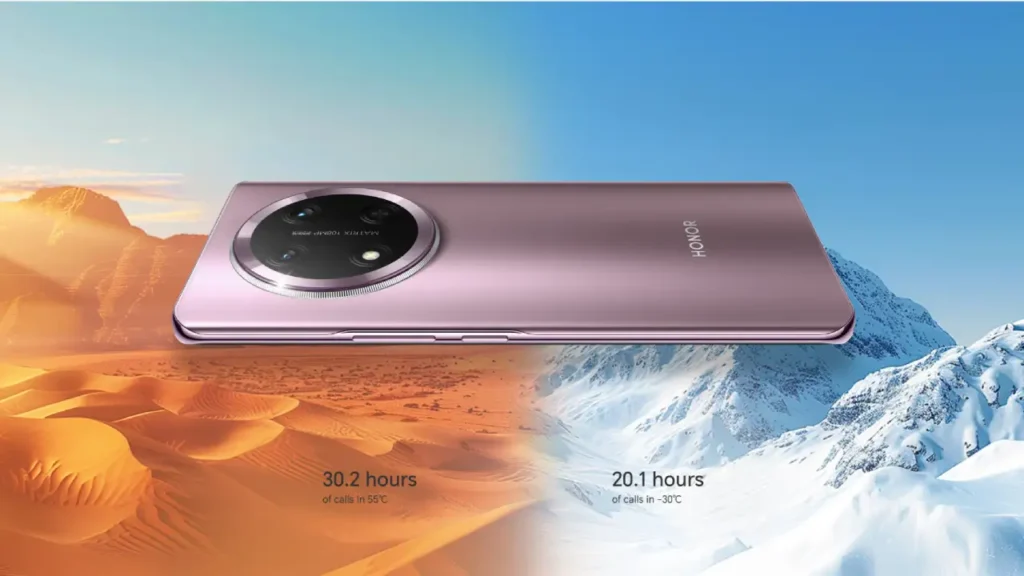 Honor X9C 5G pink smartphone demonstrating battery life in extreme temperatures