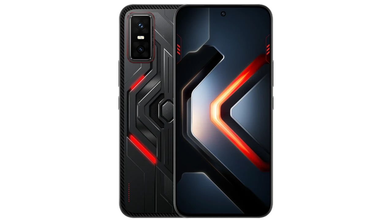 Infinix GT 30 Pro स्मार्टफोन का रियर और फ्रंट व्यू, गेमिंग एलईडी डिजाइन के साथ