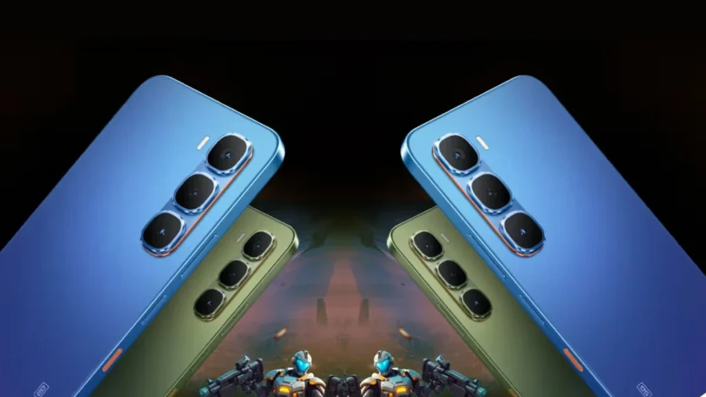 Infinix HOT 60 5G+ स्मार्टफोन के दो कलर वेरिएंट्स, ब्लू और ग्रीन, बैक पैनल डिज़ाइन के साथ