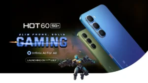 Infinix HOT 60 5G+ स्मार्टफोन का पोस्टर जिसमें दो रंगों में फोन और गेमिंग रोबोट दिखाया गया है