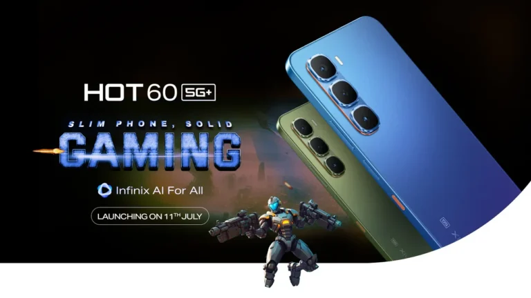 Infinix HOT 60 5G+ स्मार्टफोन का पोस्टर जिसमें दो रंगों में फोन और गेमिंग रोबोट दिखाया गया है