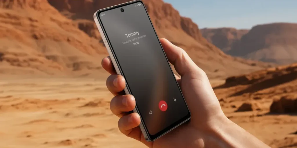 Hand holding Tecno POVA 7 smartphone in a desert background