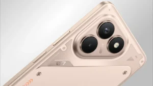 Close-up view of Tecno POVA 7 Pro camera module in gold color