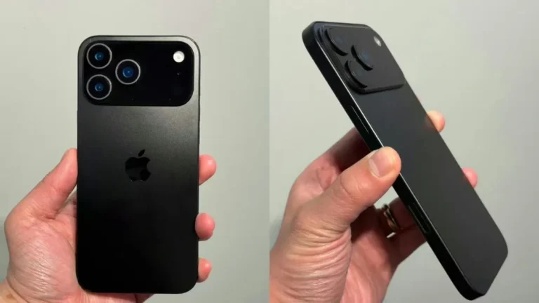 हाथ में पकड़े गए iPhone 17 Pro Max का प्रोटोटाइप, नया आयताकार कैमरा डिज़ाइन दिखाते हुए