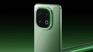 Close-up view of iQOO 13 Ace Green Edition rear camera module with glowing green accent