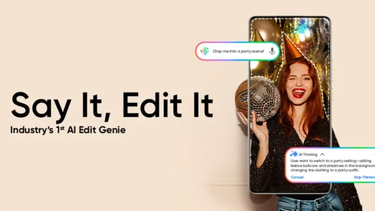 Realme AI Edit Genie फीचर के साथ महिला की फोटो, जहां वॉइस कमांड से पार्टी बैकग्राउंड में फोटो एडिट हो रही है