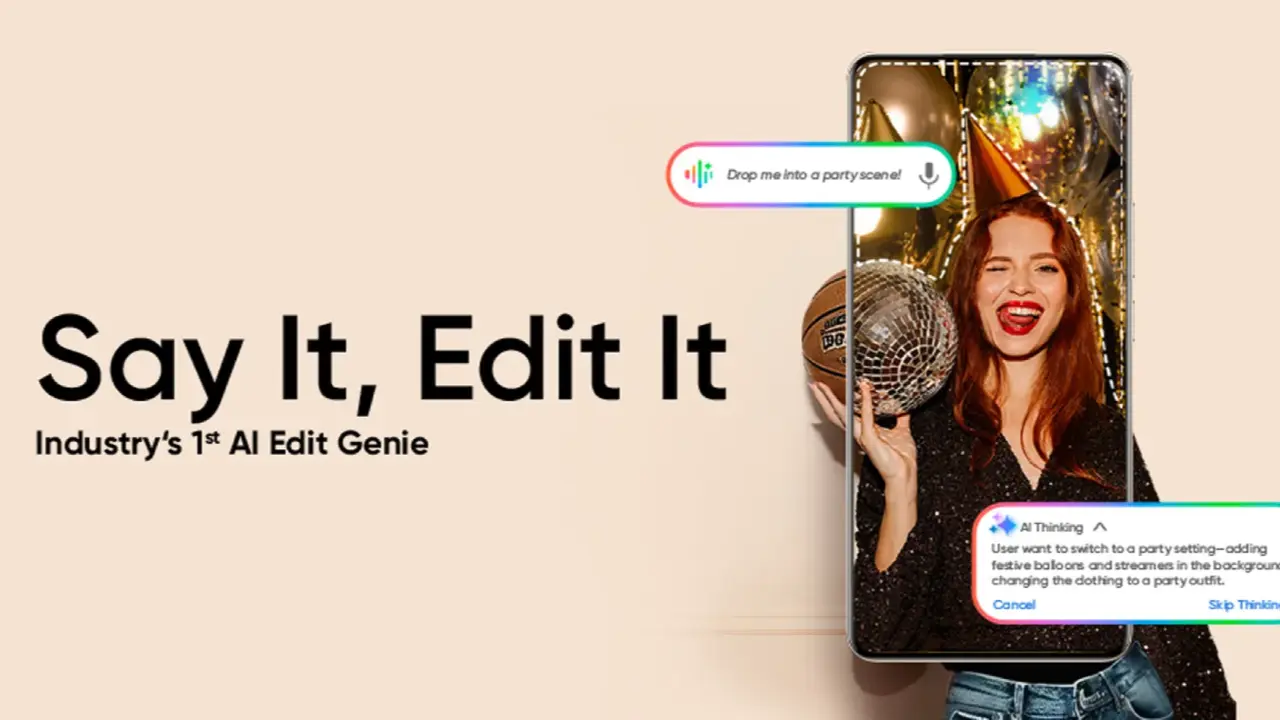 Realme AI Edit Genie फीचर के साथ महिला की फोटो, जहां वॉइस कमांड से पार्टी बैकग्राउंड में फोटो एडिट हो रही है